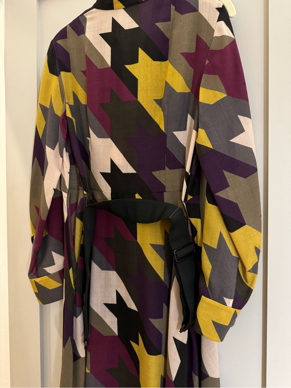 AKRIS Punto Long Sleeve Belted Dress in Plum, Mustard & Olive - Picture 2 of 9